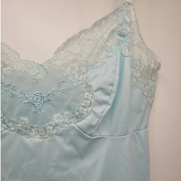 Vintage Van Raalte Blue Satin Embroidered Lace Slip Dress Feminine Nostalgia‎ - Picture 7 of 10